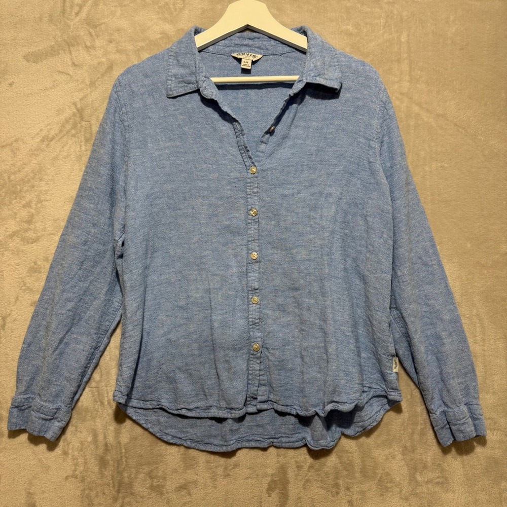 Orvis Classic Collection Womens Blue Linen Blend Button Up Shirt Large L/G